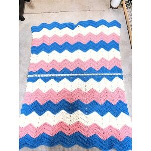 Handmade Crochet Baby Blanket Chevron Ripple Blue Pink White Striped Throw 32x46
